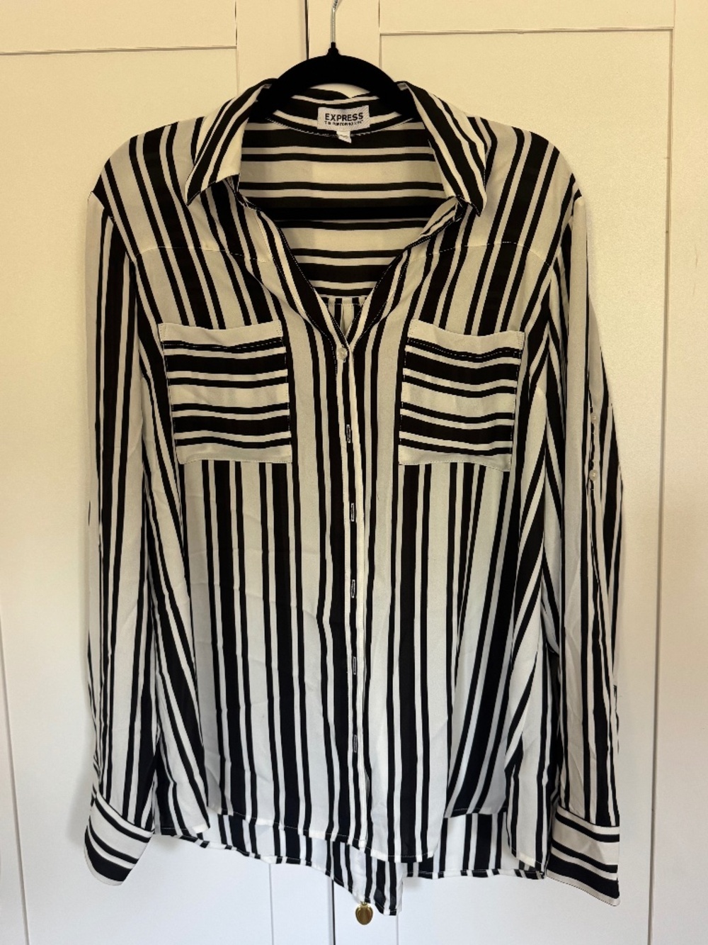 Express Portofino Shirt XL Black Ivory Striped Button Down Blouse